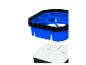 Blauwe filterhouder met zwarte rand en wit filtermateriaal.