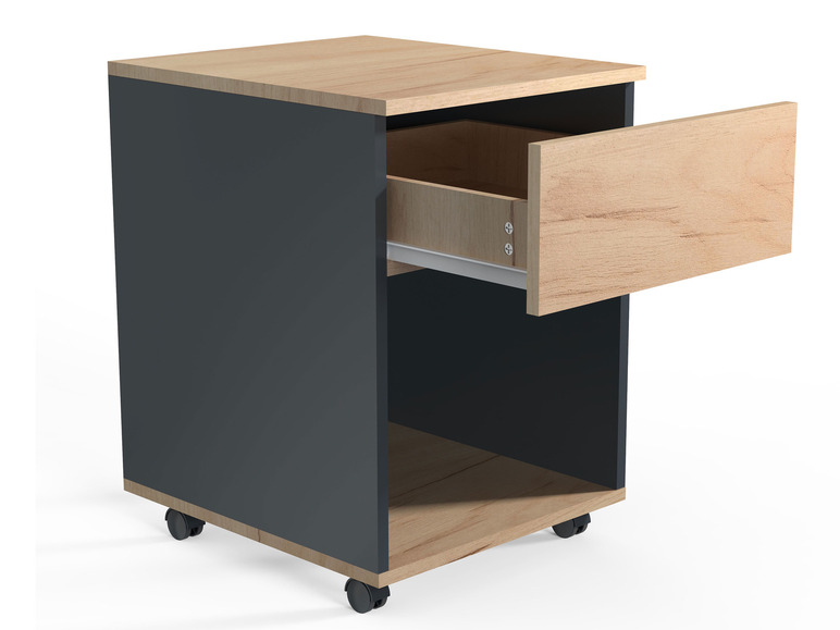 Une armoire gris foncé avec un tiroir et des roulettes.