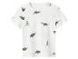 Wit kinder-T-shirt met korte mouwen en groen dinosauruspatroon.