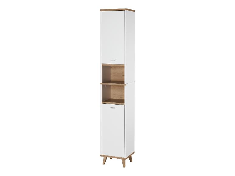 Armoire de salle de bain blanche avec deux portes et une étagère ouverte.