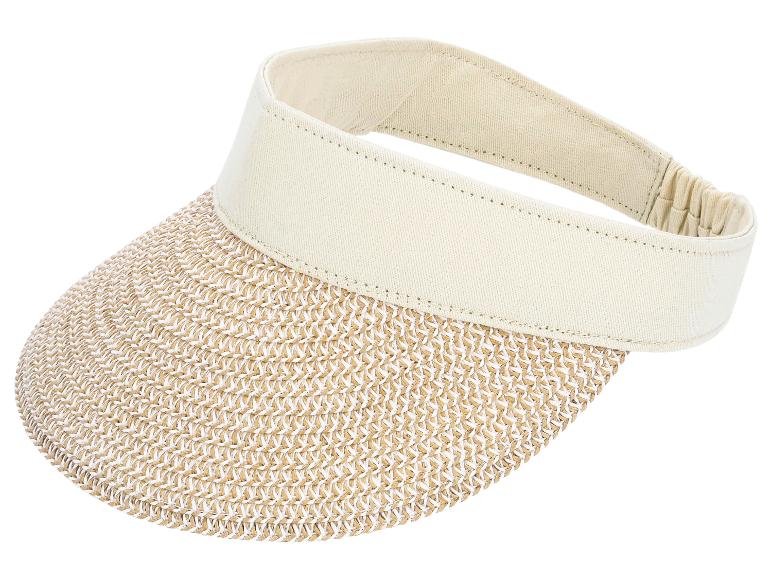 Visière en paille beige avec bande élastique, idéale pour la protection solaire.