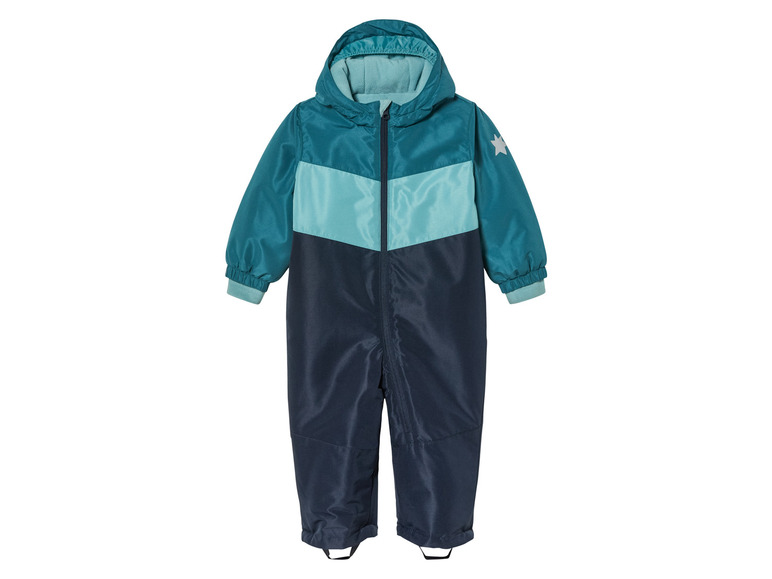 Een blauwe sneeuwpak met capuchon voor kinderen.