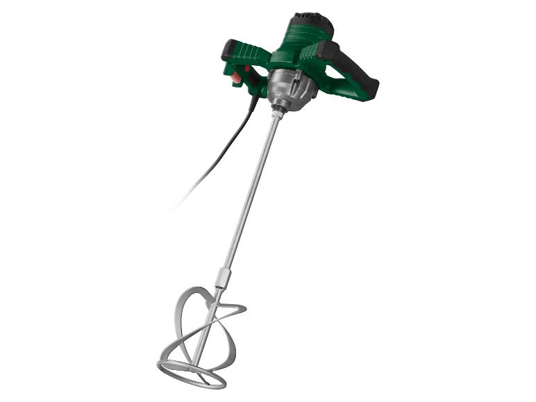 Elektrische mortelmixer met groen-zwarte behuizing en metalen mengstaaf.