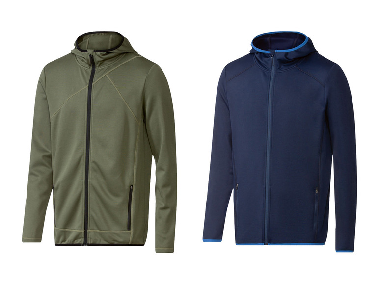 Deux sweat-shirts à capuche et fermeture éclair, l'un vert et l'autre bleu foncé.
