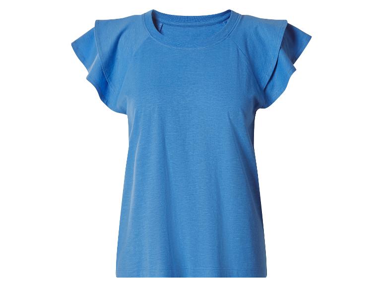Blauw T-shirt met korte mouwen en geplooide schouders.