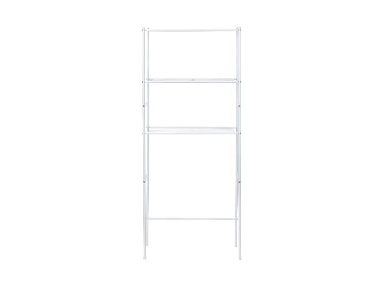 Étagère de rangement blanche à trois niveaux avec un grand espace en dessous.