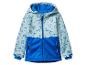 Kinder softshell jas met capuchon, lichtblauw en donkerblauw, met print van luchtballonnen en campers.