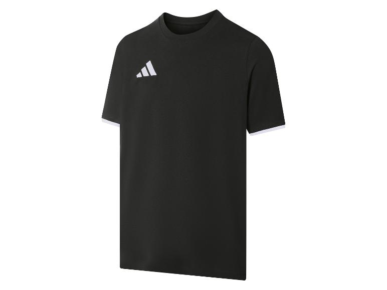 T-shirt de sport noir à manches courtes avec détails blancs.