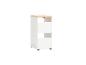 Witte opbergkast met houten blad en twee lades.