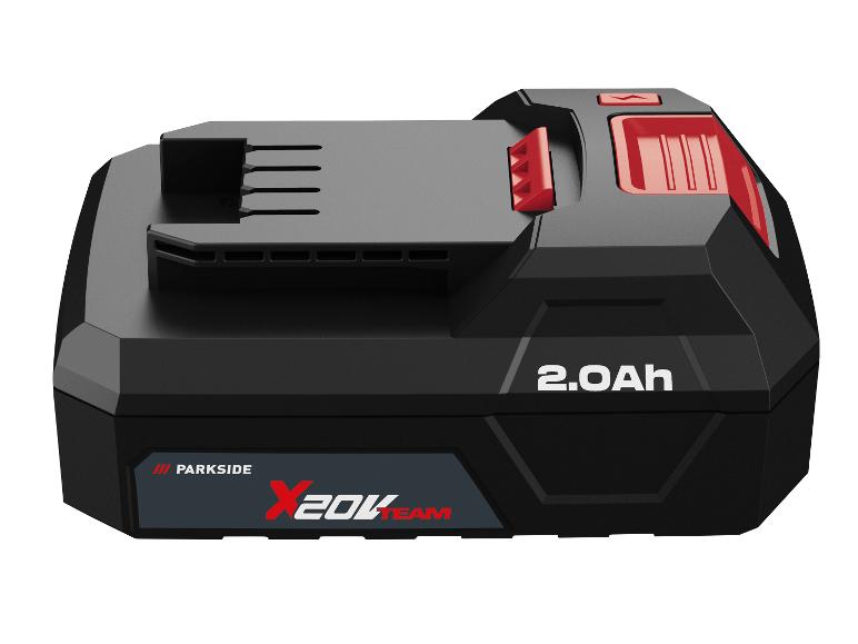 20V 2.0Ah elektrisch gereedschapsaccu in zwart met rode accenten.