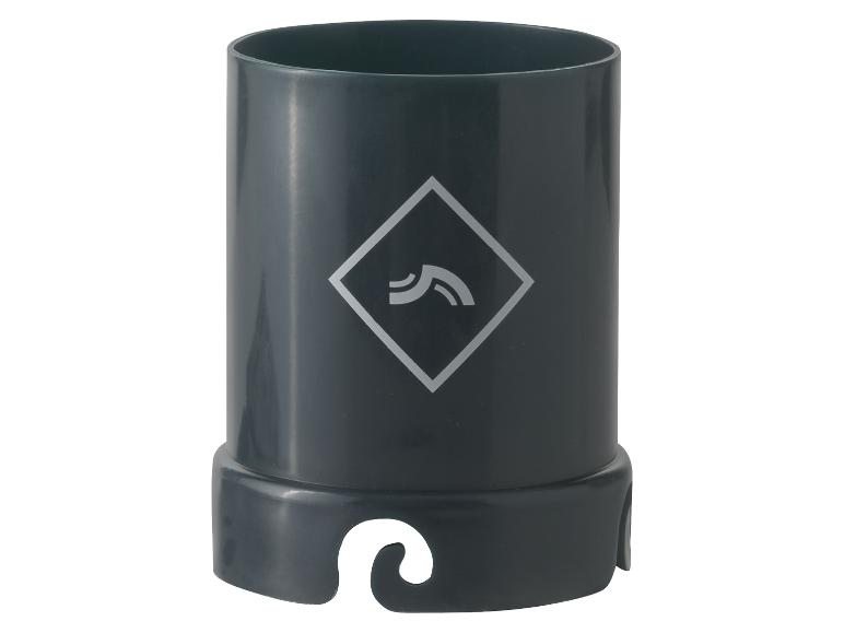 Donkergrijze potloodhouder met voet en subtiel logo.