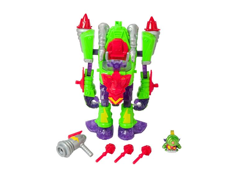 Jouet robot vert et rouge avec accessoires et une petite figurine.