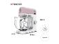 Robot pâtissier rose avec bol en verre, dimensions 35,5x38,5x24 cm, puissance 1000W.
