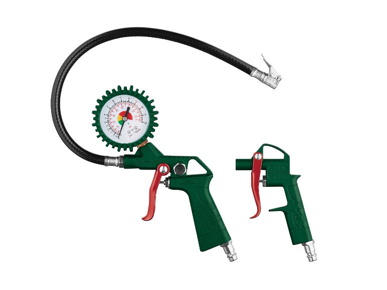 Twee groene Parkside luchtpistolen met een manometer.