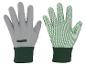 Een paar grijze tuinhandschoenen met groene manchetten en antislip stippen