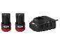 Twee zwarte en rode Parkside X 12V Team oplaadbare batterijen en een zwarte oplader.