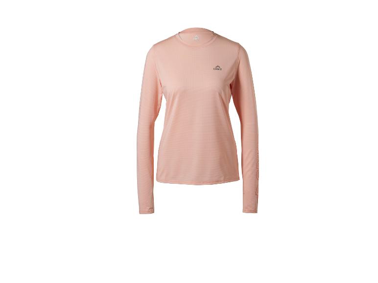 Perzikkleurig dames shirt met lange mouwen en logo op de borst.