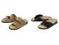 Sandales femme à boucles, une paire beige et une paire noire brillante.