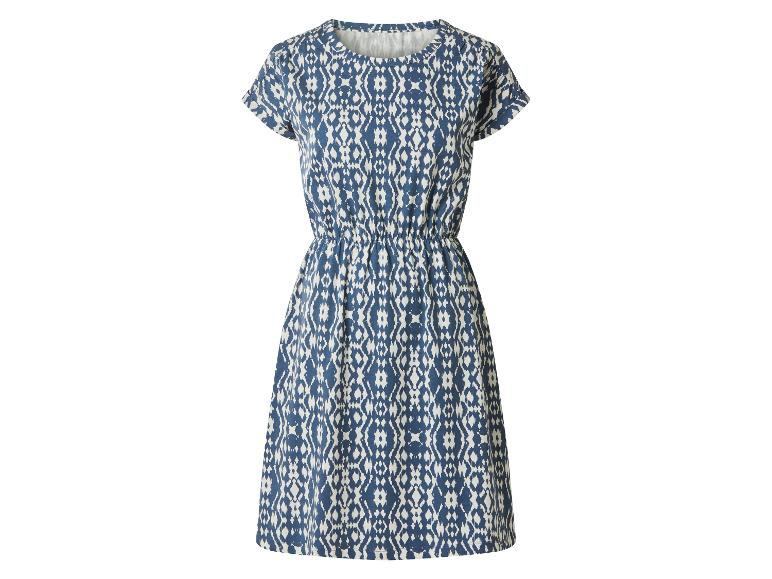 Robe à manches courtes à motifs bleus et blancs avec une taille élastiquée.
