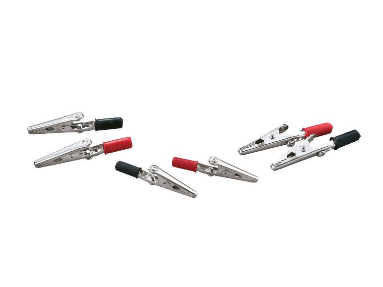 Pinces crocodiles noires et rouges pour connexions électriques.