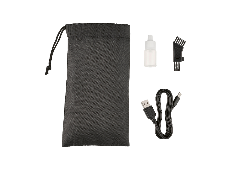 Accessoires pour tondeuse à cheveux : étui, huile, brosse de nettoyage et câble USB de charge.