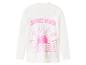 Wit shirt met lange mouwen en roze 'SUNSET BEACH' opdruk met zon en golven.