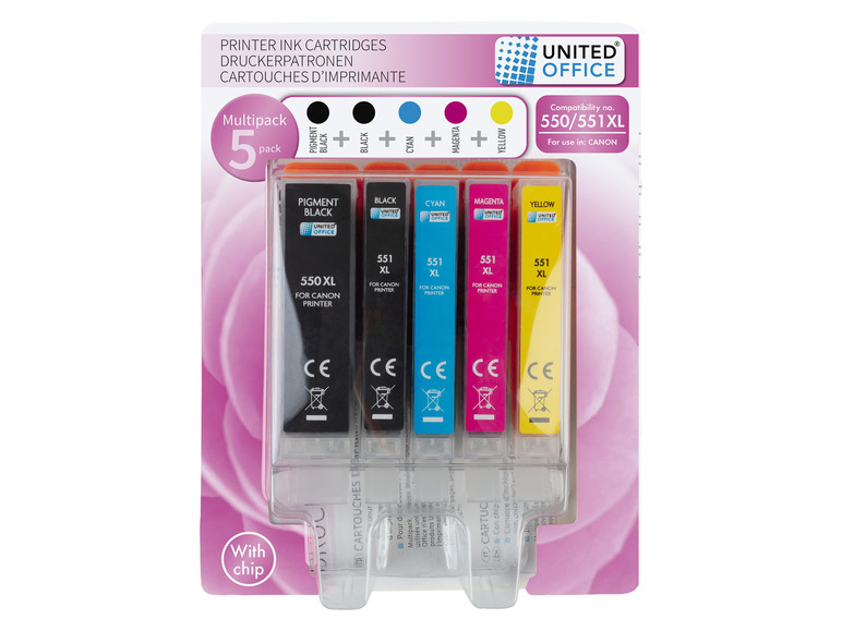 Inktcartridges voor Canon printers, met zwarte, cyaan, magenta en gele inkt, van United Office.