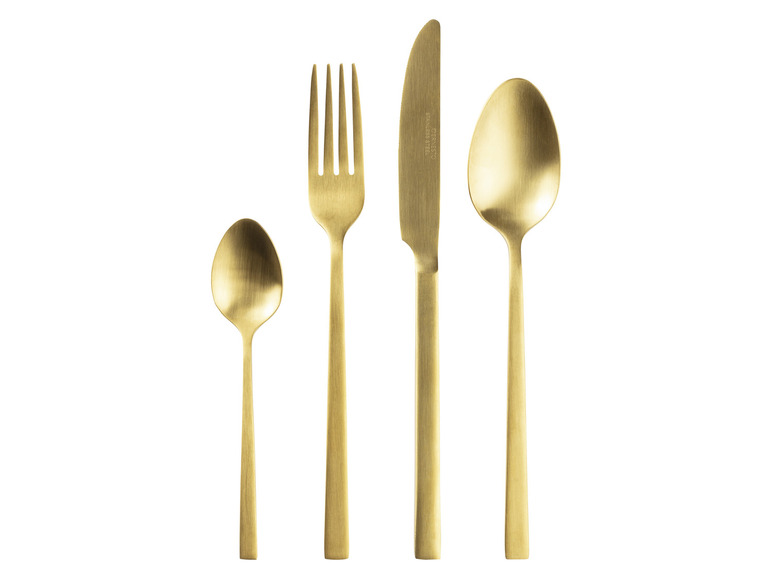 Couvert doré avec un couteau, une fourchette et une cuillère.