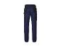 Donkerblauwe werkbroek met zwarte zakken.