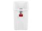 Witte plastic container met een rood en zwart vergrendelingsmechanisme
