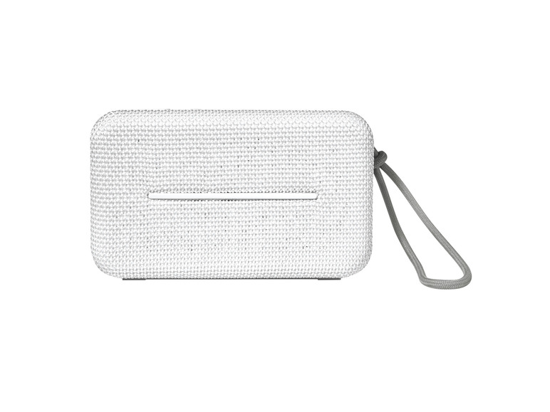 Een witte draagbare Bluetooth-speaker met een touwtje.
