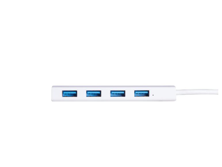 Een witte USB-hub met vier poorten.
