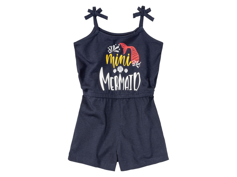 Een donkerblauwe romper met een 'mini mermaid' print.