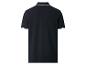 Donkerblauw poloshirt met korte mouwen, gestreepte kraag en manchetten, achteraanzicht.