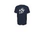 T-shirt bleu foncé avec un imprimé bonbon blanc et gris au dos.
