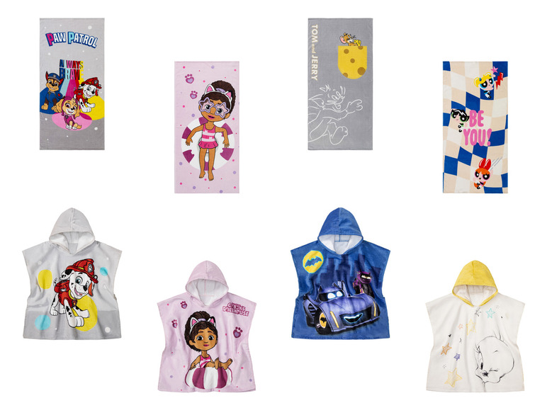 Serviettes de plage et ponchos de bain avec des motifs de Pat'Patrouille, Gabby's Dollhouse, Tom et Jerry et les Powerpuff Girls.