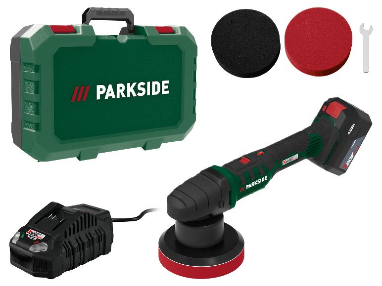 Accu polijstmachine set met koffer, oplader, accu en polijstpads.