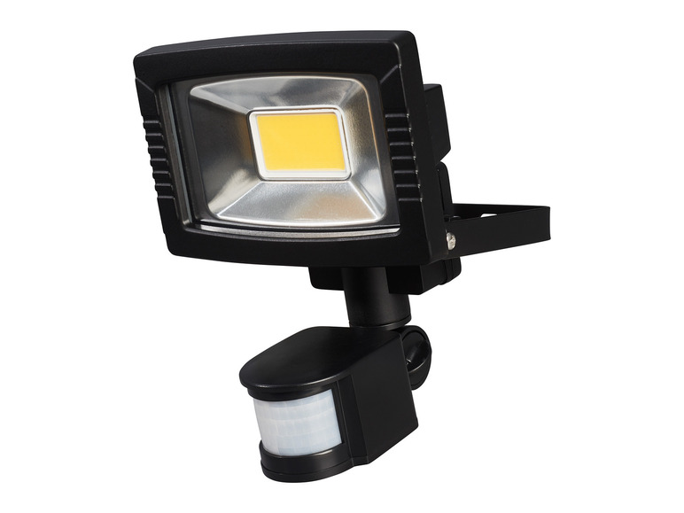 Un projecteur LED noir avec détecteur de mouvement.