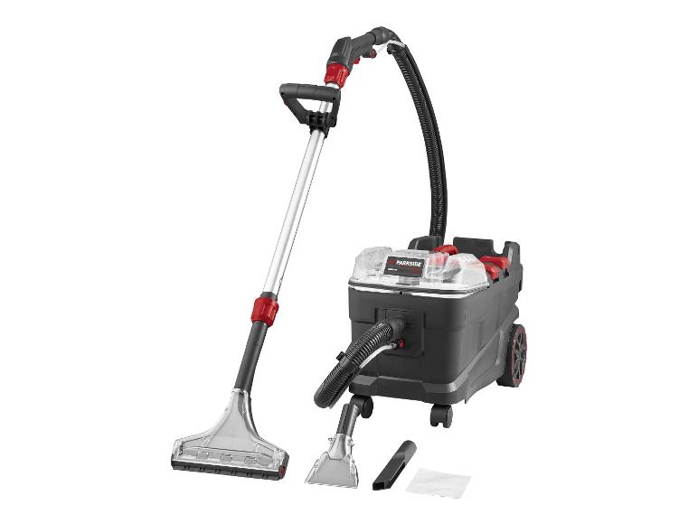 Aspirateur eau et poussière avec accessoires, incluant un long tube et diverses buses.