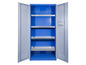 Een blauwe metalen kast met vier planken en twee deuren.
