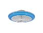 Plafondventilator met blauwe LED-verlichting en wit rooster.