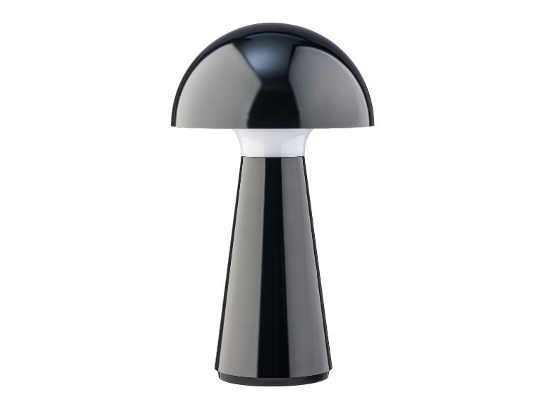 Een zwarte lamp in de vorm van een paddenstoel.