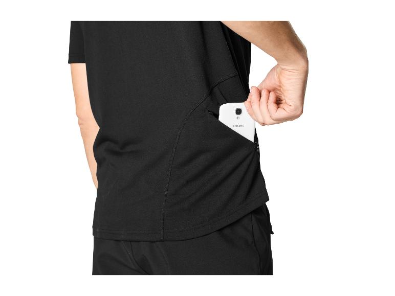 Zwart sportshirt met zijzak met rits, een witte smartphone zit in de zak.