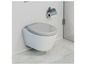 Een wit hangend toilet met een toiletrolhouder.