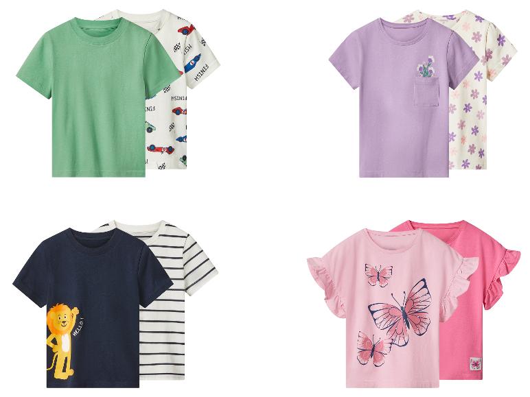 Lot de 2 t-shirts pour enfants : vert uni, à motifs de voitures, violet à fleurs, à rayures, bleu marine lion, rose papillons.