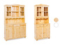 Een houten buffetkast met glazen deuren en laden.