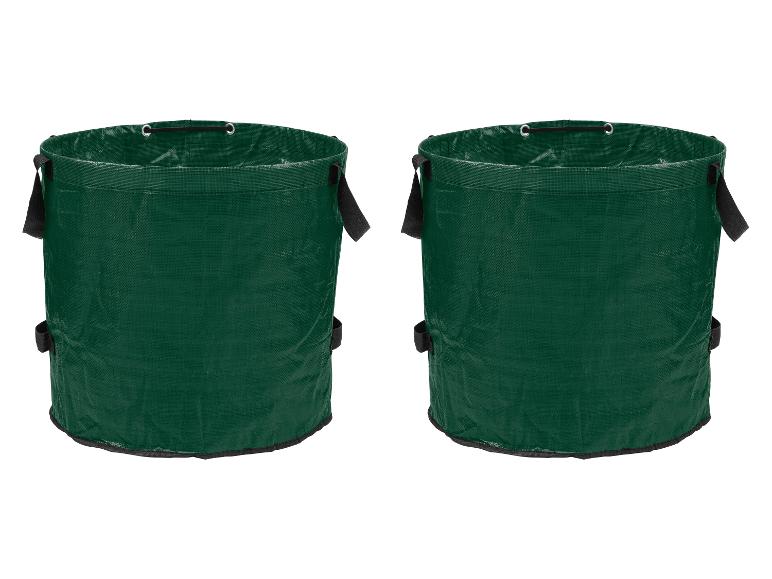 Deux sacs verts pour déchets de jardin avec poignées et œillets sur fond blanc.