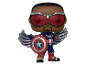 Funko Pop! figuur van Falcon als Captain America met schild en vleugels.