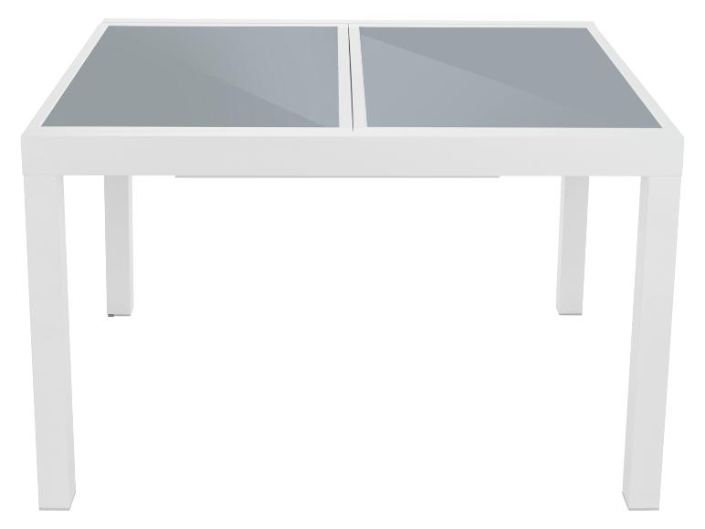 Moderne witte tafel met grijs glazen blad.