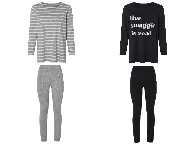 Deux ensembles de vêtements de détente : un gris rayé et un noir avec du texte.